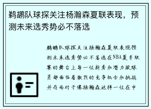 鹈鹕队球探关注杨瀚森夏联表现,预测未来选秀势必不落选