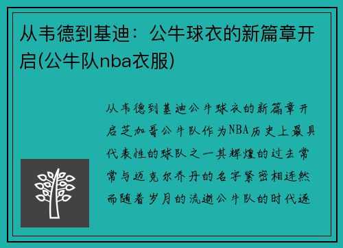 从韦德到基迪：公牛球衣的新篇章开启(公牛队nba衣服)