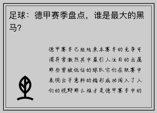 足球：德甲赛季盘点，谁是最大的黑马？