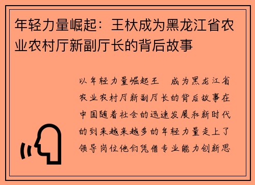 年轻力量崛起：王杕成为黑龙江省农业农村厅新副厅长的背后故事